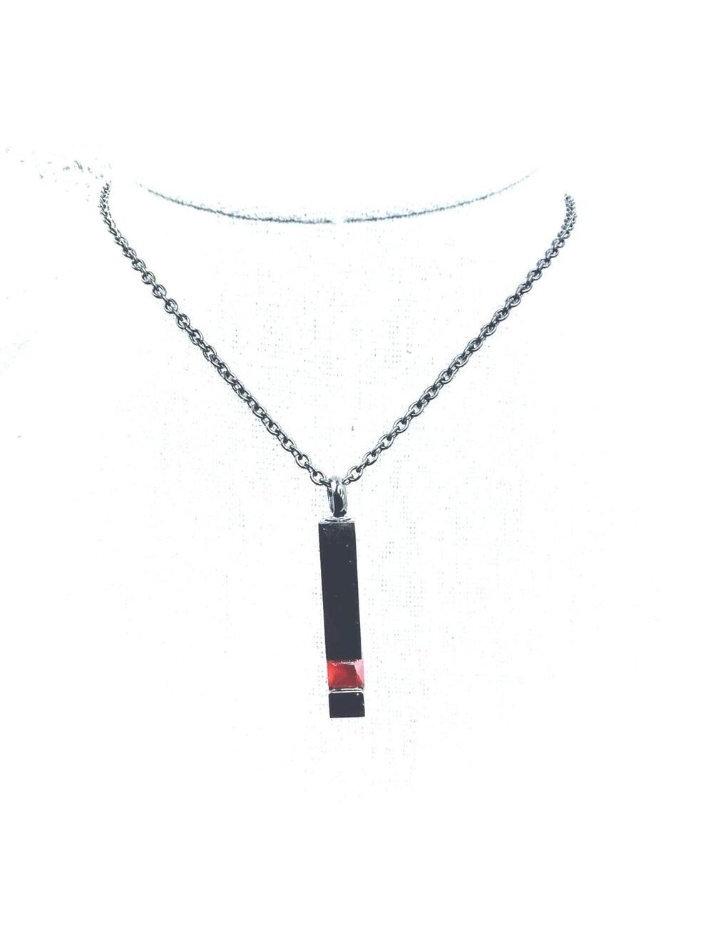 Modernist Stainless Steel Memorial Urn Long Bar Pendant with Pretty Red Crystal